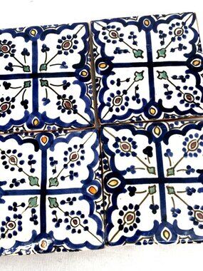 Moroccan Coasters Red Clay Hand Painted Set Of 4 Handcrafted 3.75"